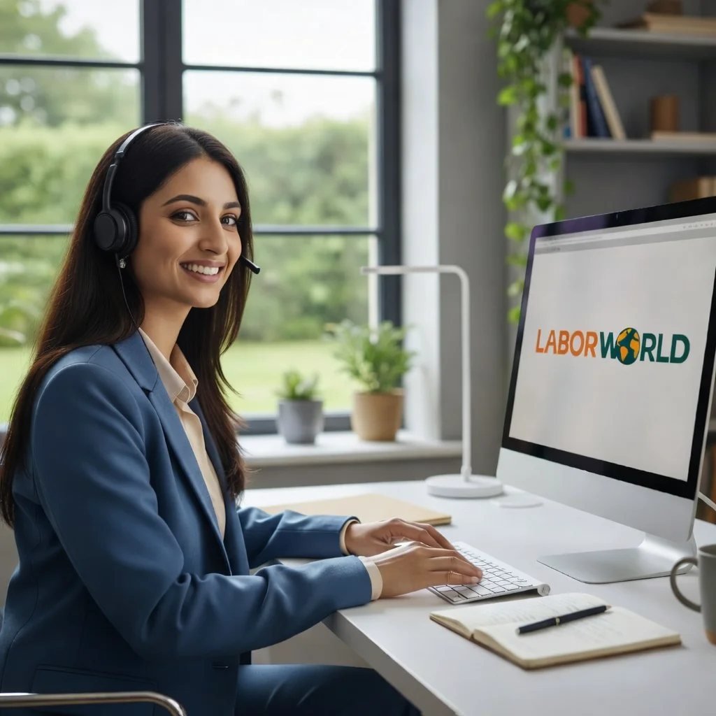 Labor World remote professional on a call at her desk