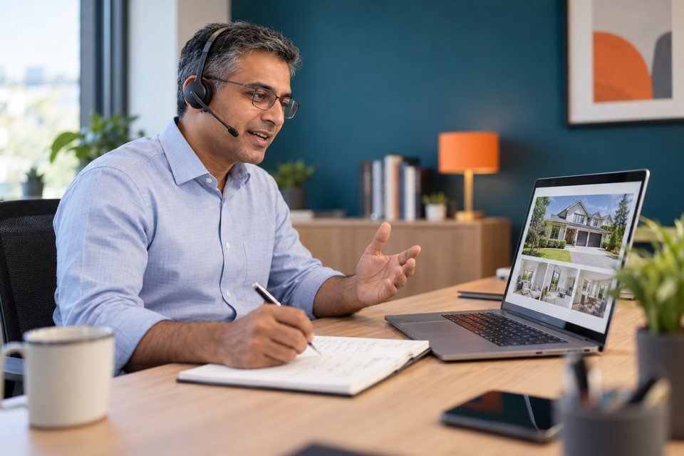 Real estate caller reviewing a property listing